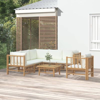 vidaXL 7 Piece Garden Lounge Set with Cream White Cushions Bamboo,  vidaXL 7 Piece Garden Lounge Set with Cream White Cushions Bamboo