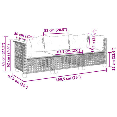 vidaXL Garden Sofa with Cushions 3-Seater Grey Poly Rattan, grey vidaXL Garden Sofa with Cushions 3-Seater Grey Poly Rattan