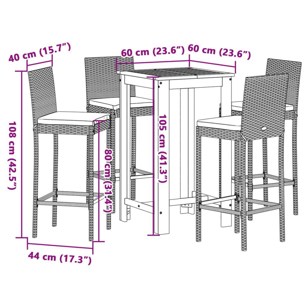 vidaXL 5 Piece Garden Bar Set Grey Solid Wood Acacia and Poly Rattan