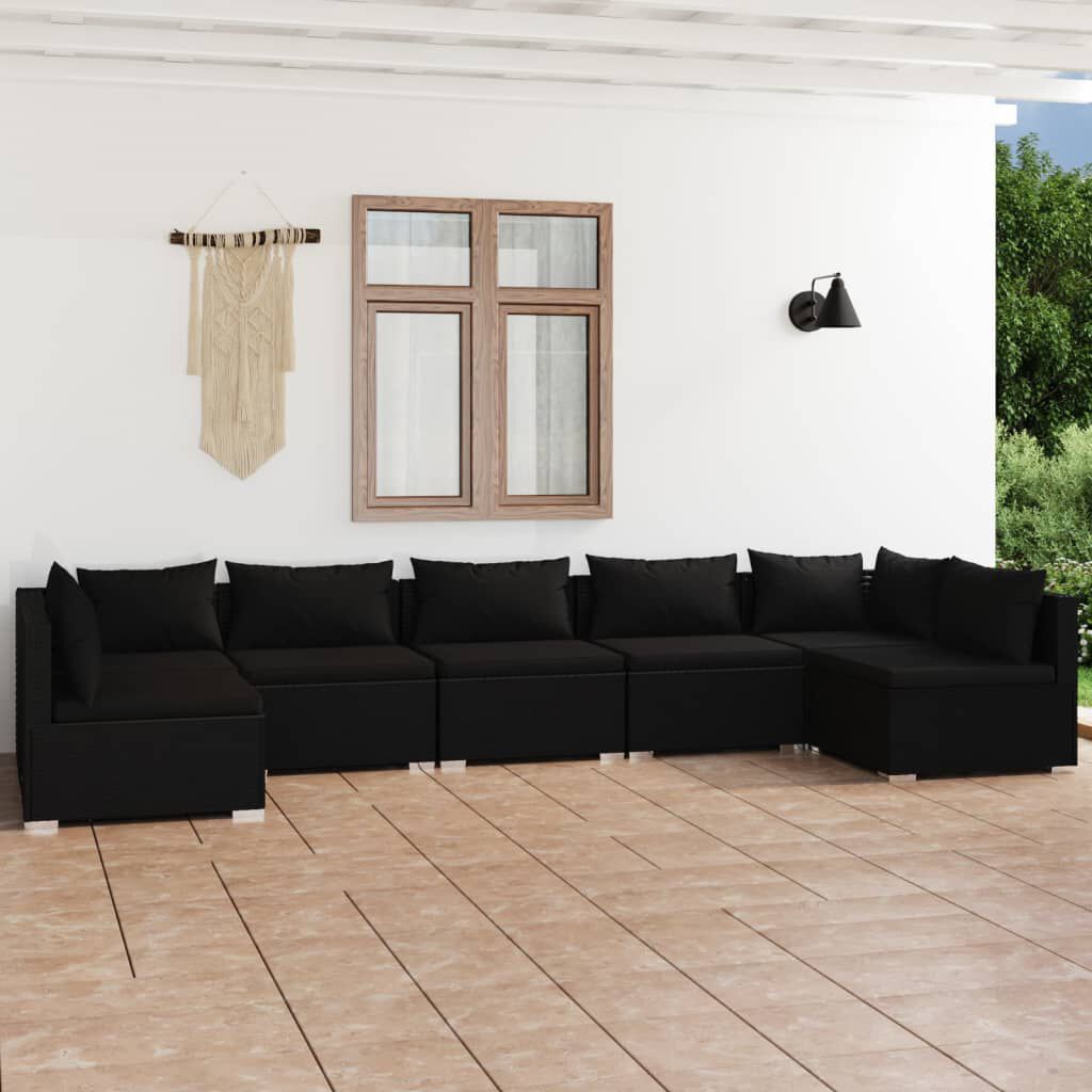 vidaXL 7 Piece Garden Lounge Set with Cushions Poly Rattan Black