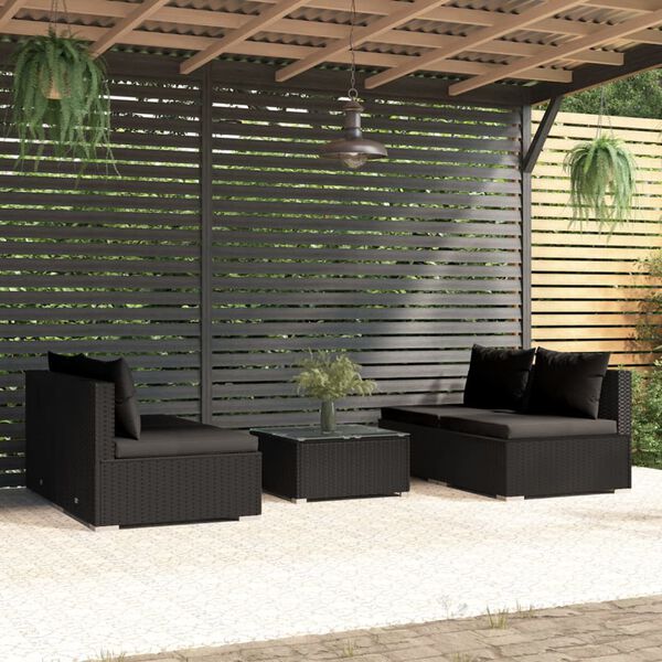 vidaXL 5 Piece Garden Lounge Set with Cushions Poly Rattan Black