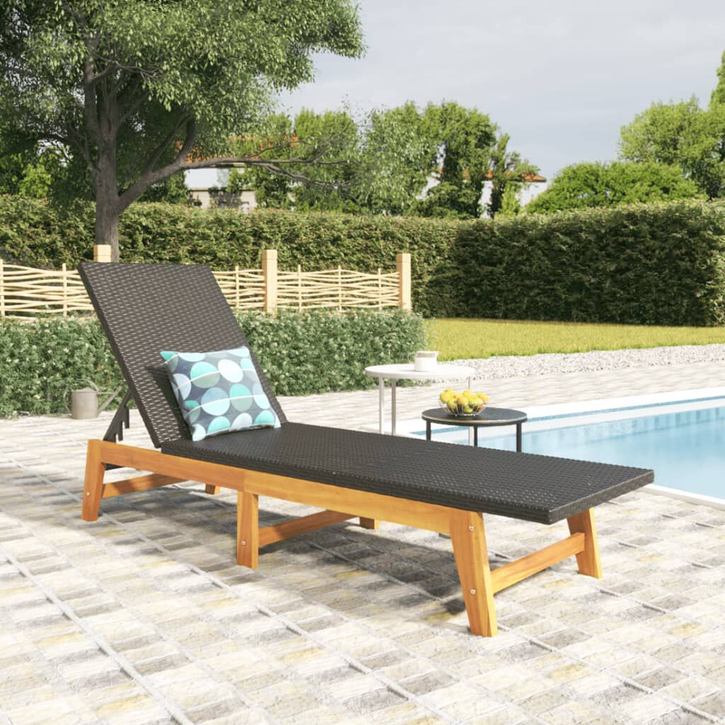 vidaXL Sun Lounger Black and Brown Poly Rattan&Solid Wood Acacia