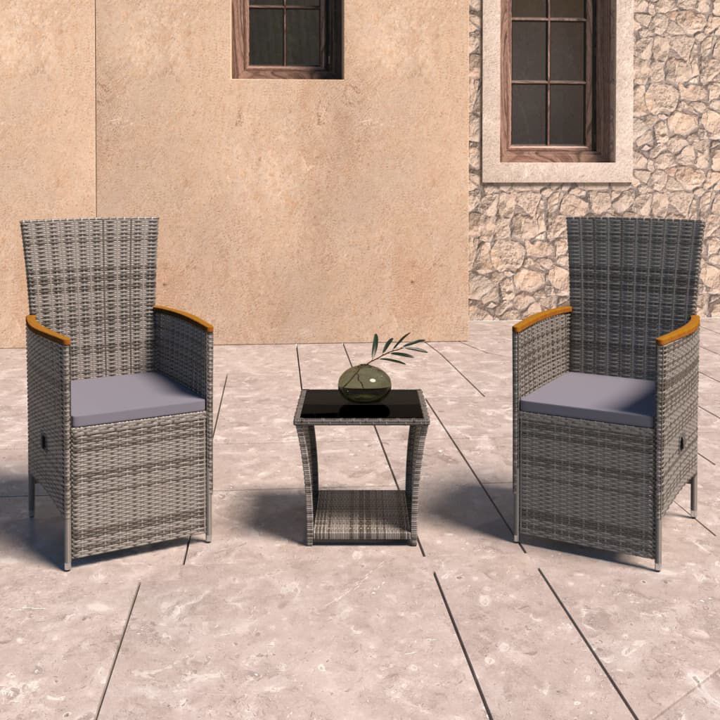 vidaXL 3 Piece Garden Lounge Set with Cushions Poly Rattan Grey