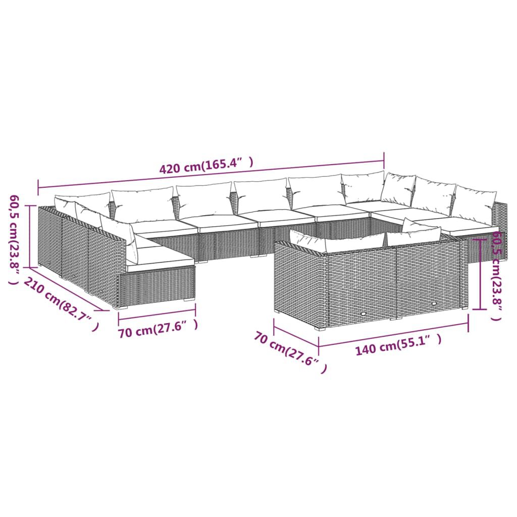 vidaXL 12 Piece Garden Lounge Set with Cushions Grey Poly Rattan