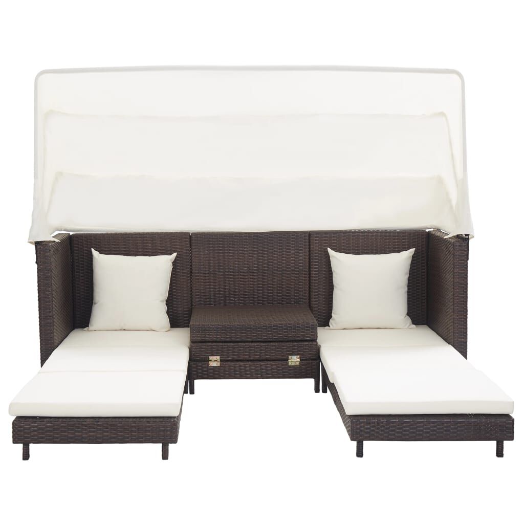 vidaXL Extendable 3-Seater Sofa Bed with Roof Poly Rattan Brown
