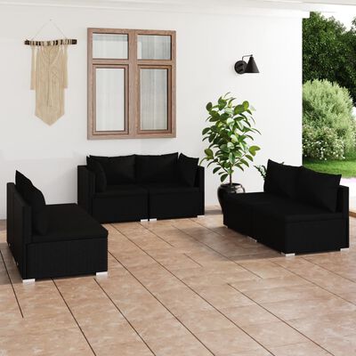 vidaXL 6 Piece Garden Lounge Set with Cushions Poly Rattan Black