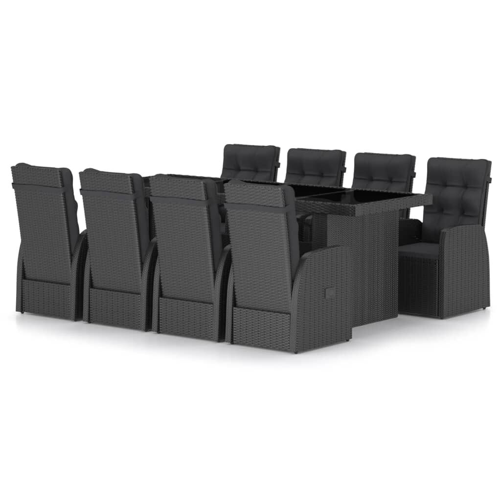 vidaXL 9 Piece Outdoor Dining Set with Cushions Poly Rattan Black