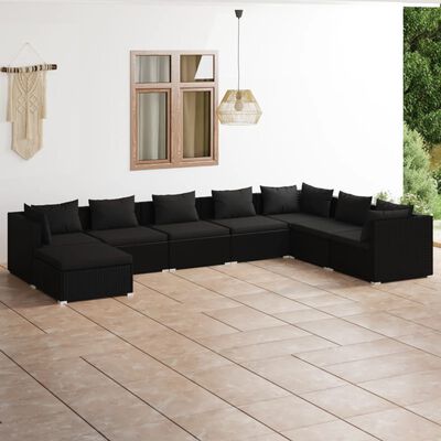 vidaXL 8 Piece Garden Lounge Set with Cushions Poly Rattan Black, black vidaXL 8 Piece Garden Lounge Set with Cushions Poly Rattan Black