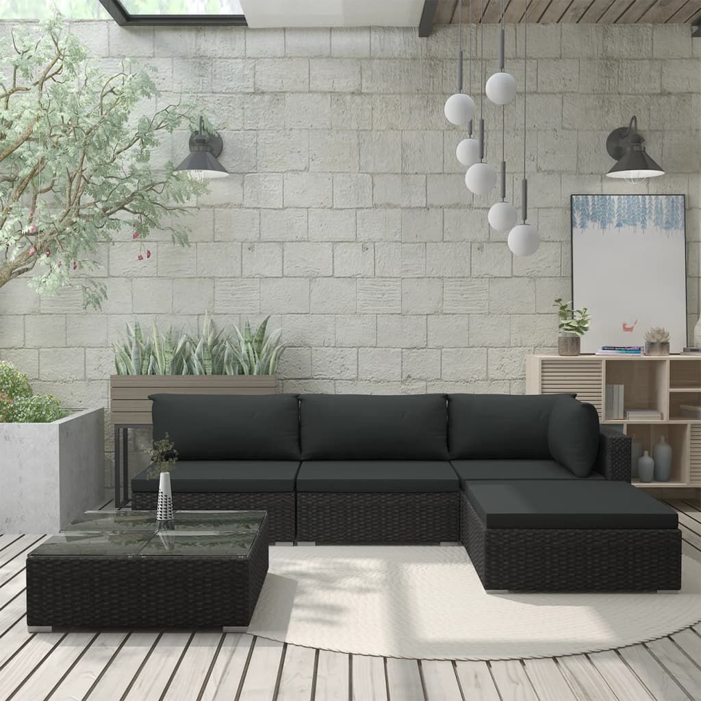 vidaXL 5 Piece Garden Lounge Set with Cushions Poly Rattan Black