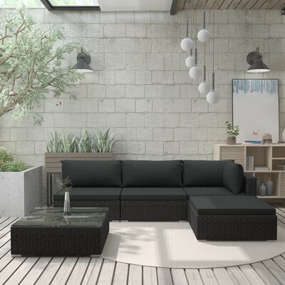 vidaXL 5 Piece Garden Lounge Set with Cushions Poly Rattan Black, black vidaXL 5 Piece Garden Lounge Set with Cushions Poly Rattan Black