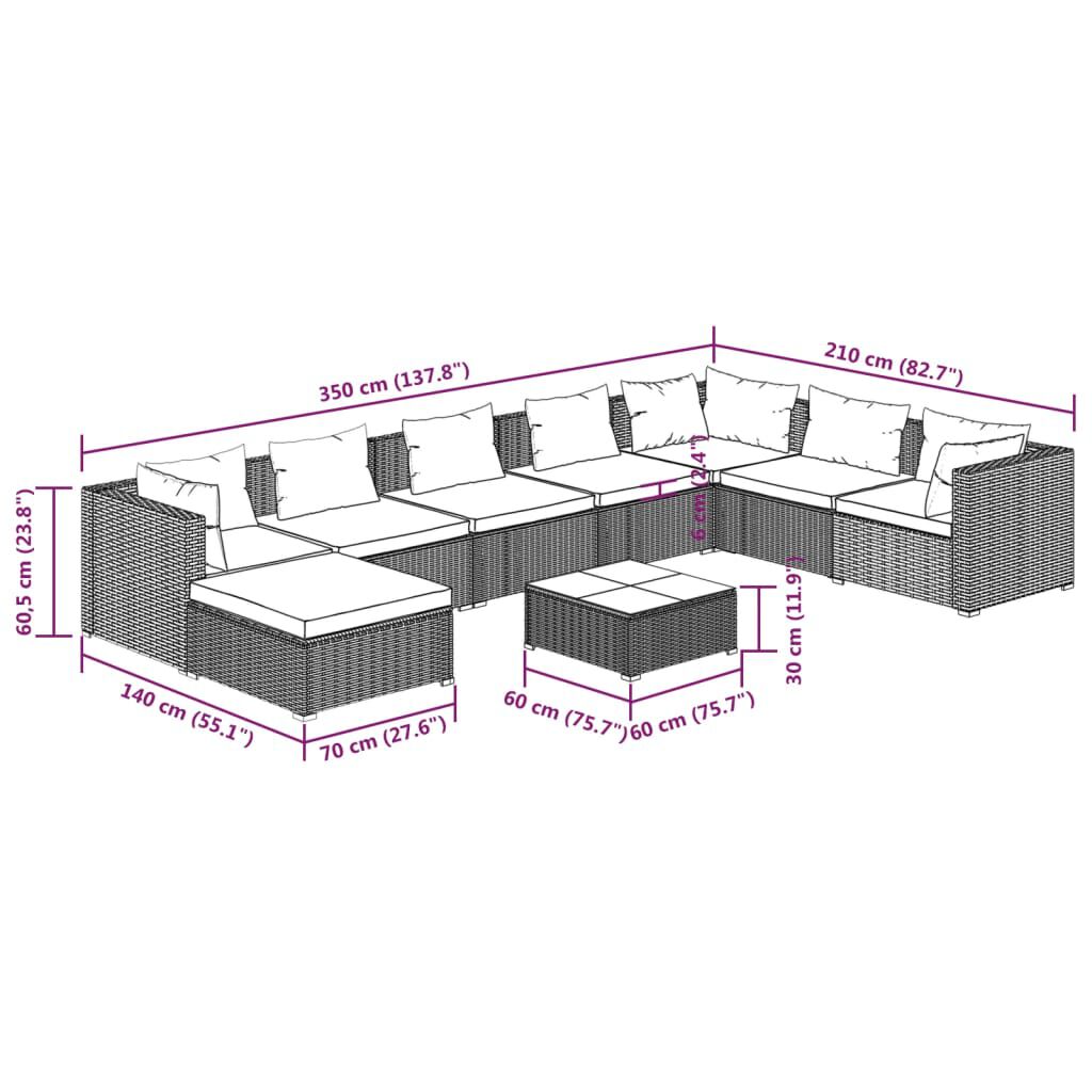 vidaXL 9 Piece Garden Lounge Set with Cushions Poly Rattan Black