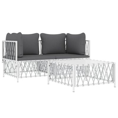 vidaXL 3 Piece Garden Lounge Set with Cushions White Steel, white vidaXL 3 Piece Garden Lounge Set with Cushions White Steel