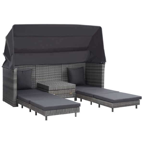 vidaXL Extendable 3-Seater Sofa Bed with Roof Poly Rattan Grey
