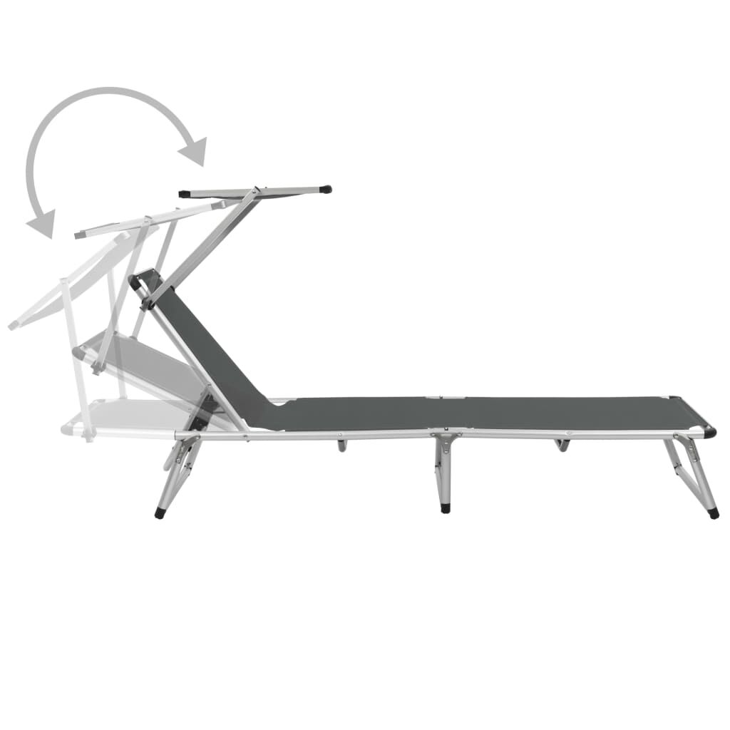 vidaXL Folding Sun Lounger with Roof Aluminium and Textilene Grey