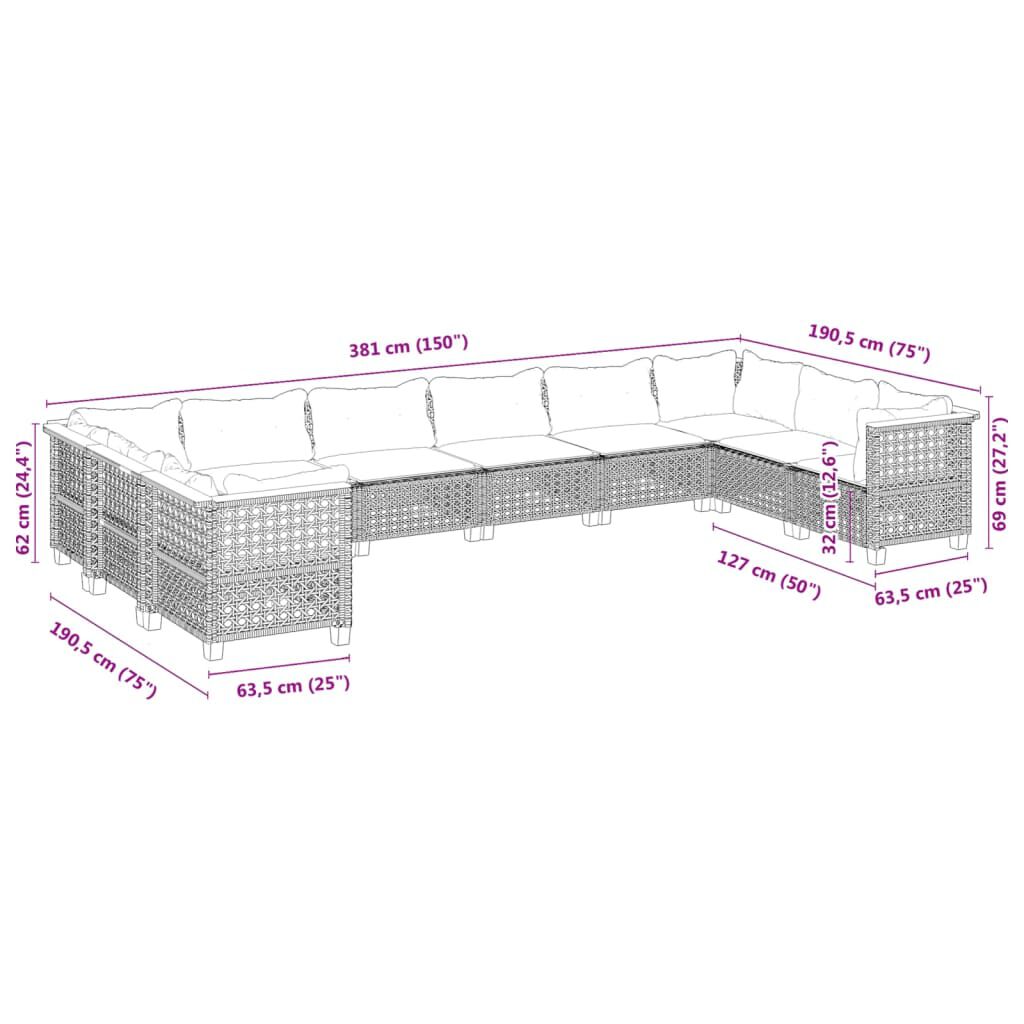 vidaXL 10 Piece Garden Sofa Set with Cushions Grey Poly Rattan