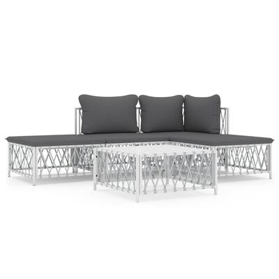 vidaXL 5 Piece Garden Lounge Set with Cushions White Steel, white vidaXL 5 Piece Garden Lounge Set with Cushions White Steel
