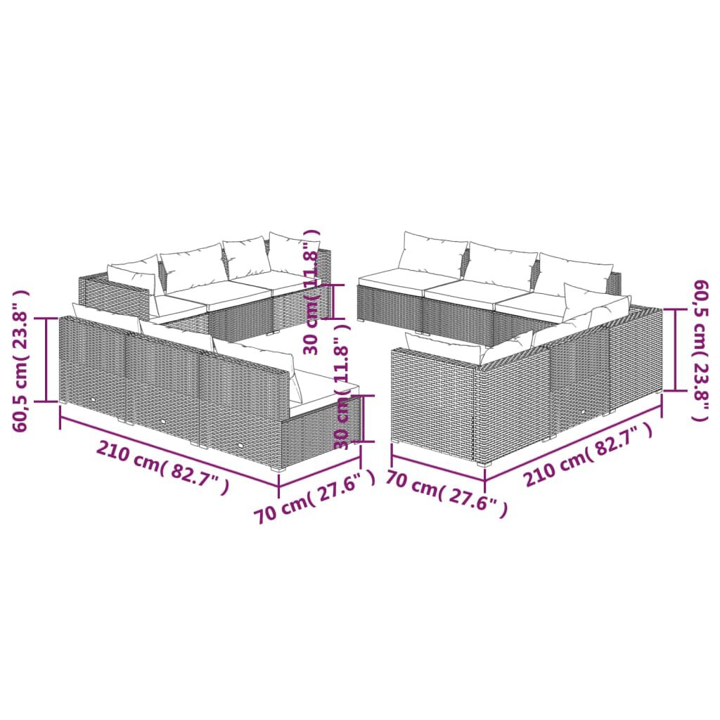 vidaXL 12 Piece Garden Lounge Set with Cushions Poly Rattan Grey