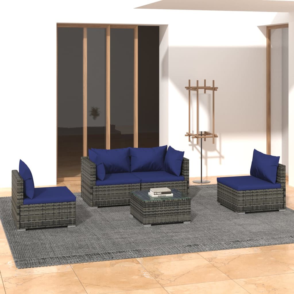 vidaXL 5 Piece Garden Lounge Set with Cushions Poly Rattan Grey