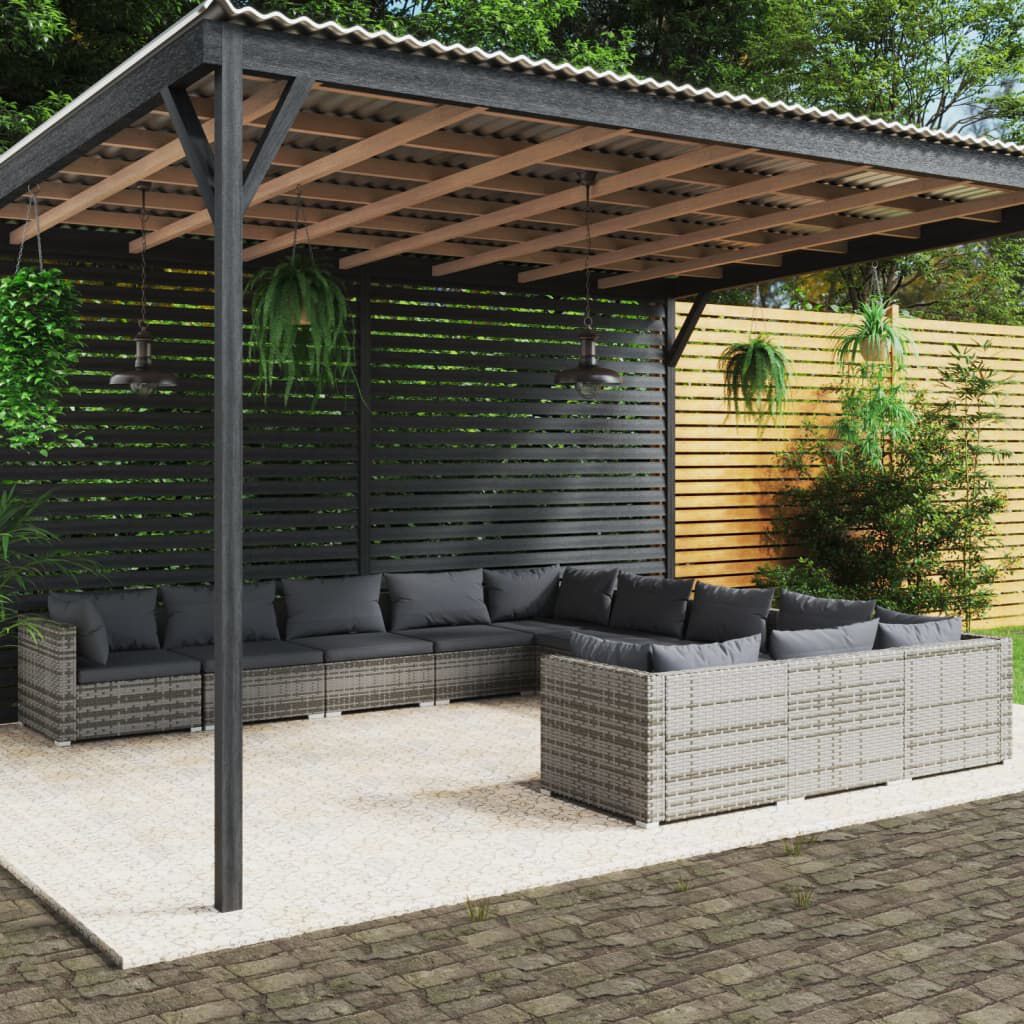 vidaXL 11 Piece Garden Lounge Set with Cushions Poly Rattan Grey