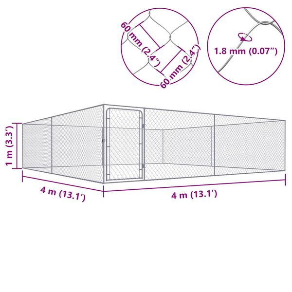 vidaXL Outdoor Dog Kennel Galvanised Steel 4x4x1 m