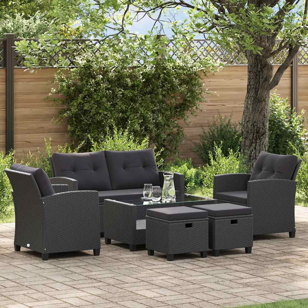 vidaXL 6 Piece Garden Sofa Set with Cushions Poly Rattan Black