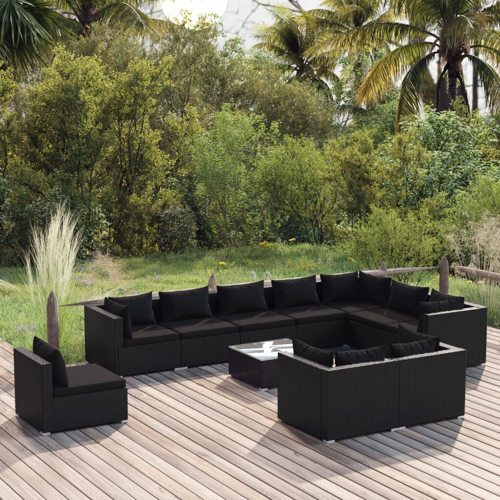 vidaXL 11 Piece Garden Lounge Set with Cushions Poly Rattan Black