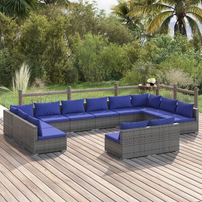 vidaXL 12 Piece Garden Lounge Set with Cushions Grey Poly Rattan, grey and dark blue vidaXL 12 Piece Garden Lounge Set with Cushions Grey Poly Rattan
