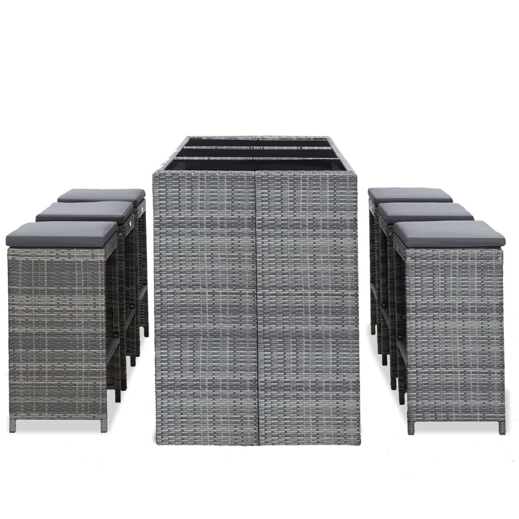 vidaXL 7 Piece Garden Bar Set with Cushions Poly Rattan Grey