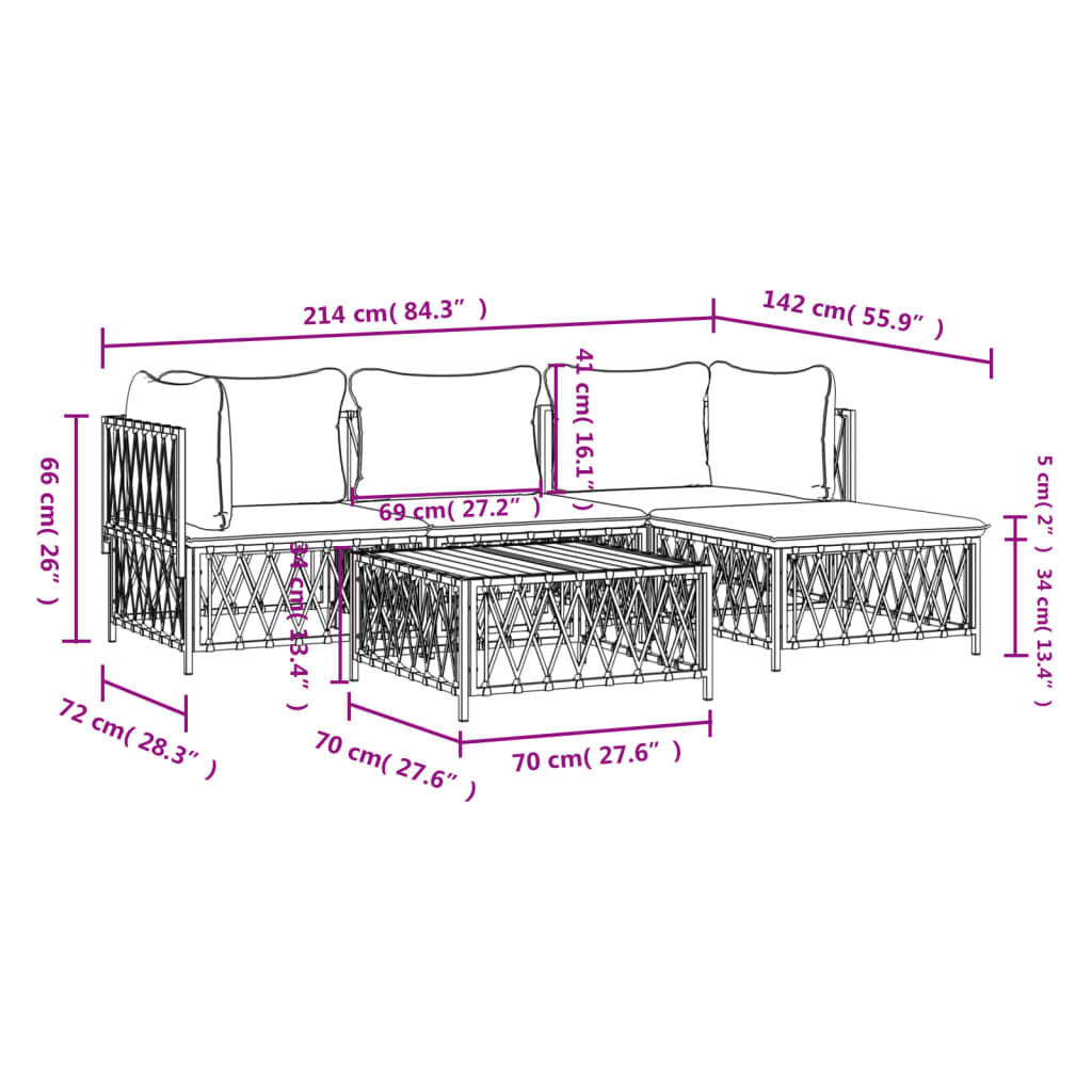 vidaXL 5 Piece Garden Lounge Set with Cushions White Steel