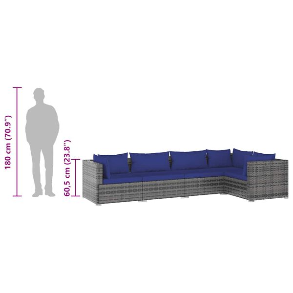 vidaXL 5 Piece Garden Lounge Set with Cushions Poly Rattan Grey