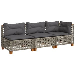 vidaXL Garden Sofa with Cushions 3-Seater Grey Poly Rattan