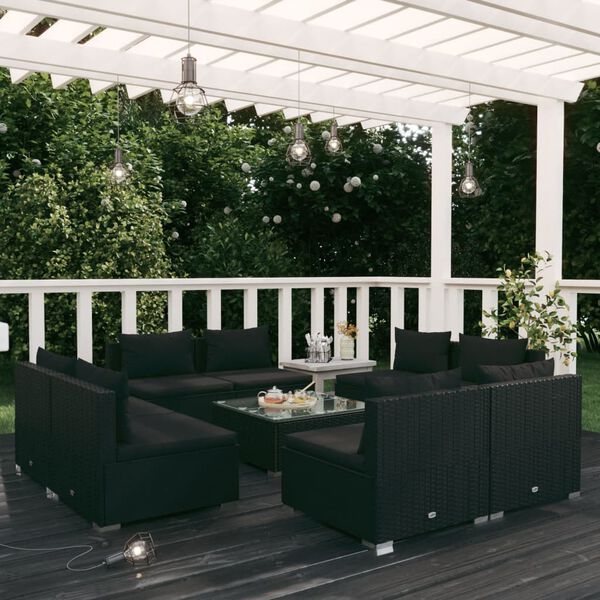 vidaXL 9 Piece Garden Lounge Set with Cushions Poly Rattan Black