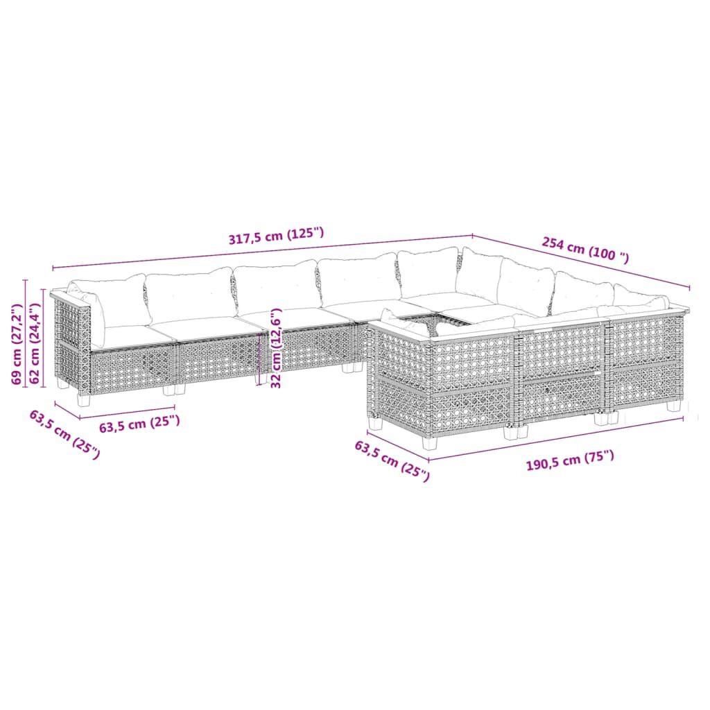 vidaXL 10 Piece Garden Sofa Set with Cushions Black Poly Rattan