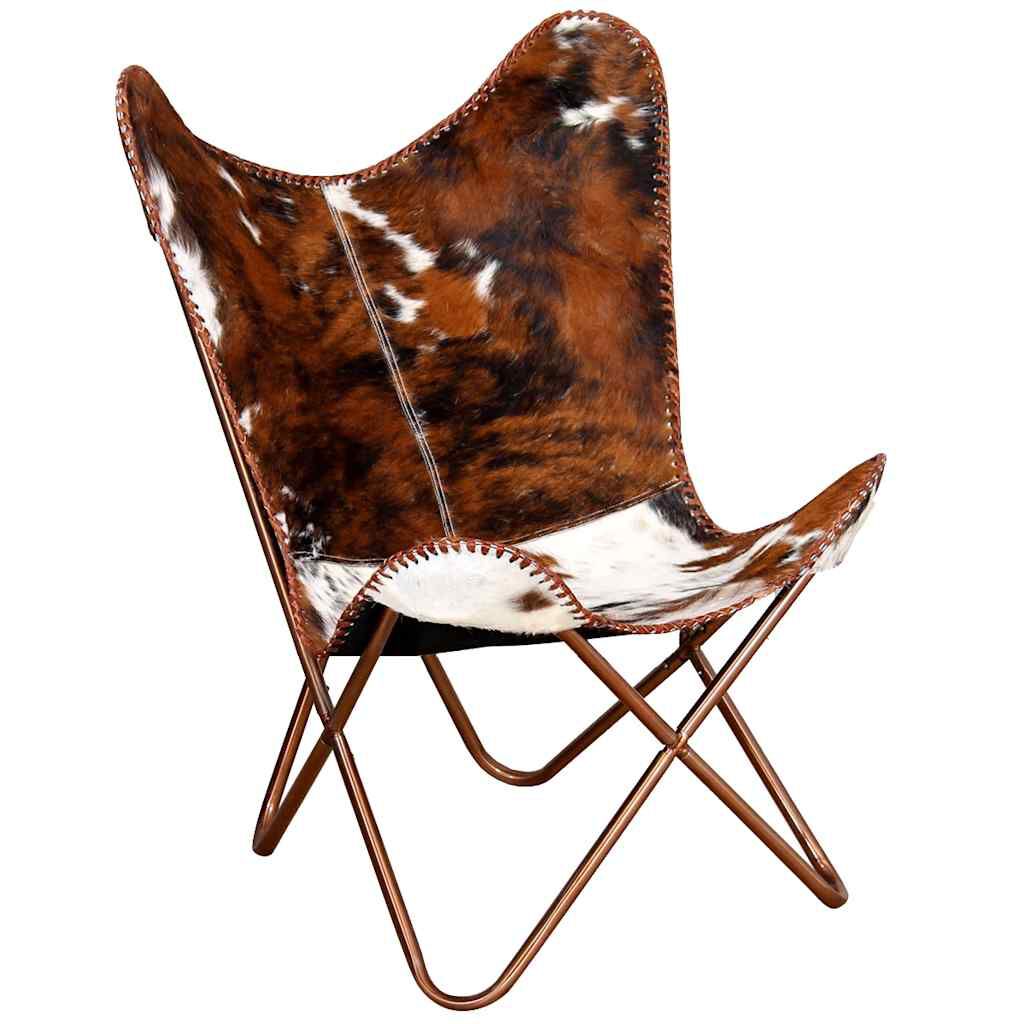 vidaXL Butterfly Chair Brown and White Real Cowhide Leather