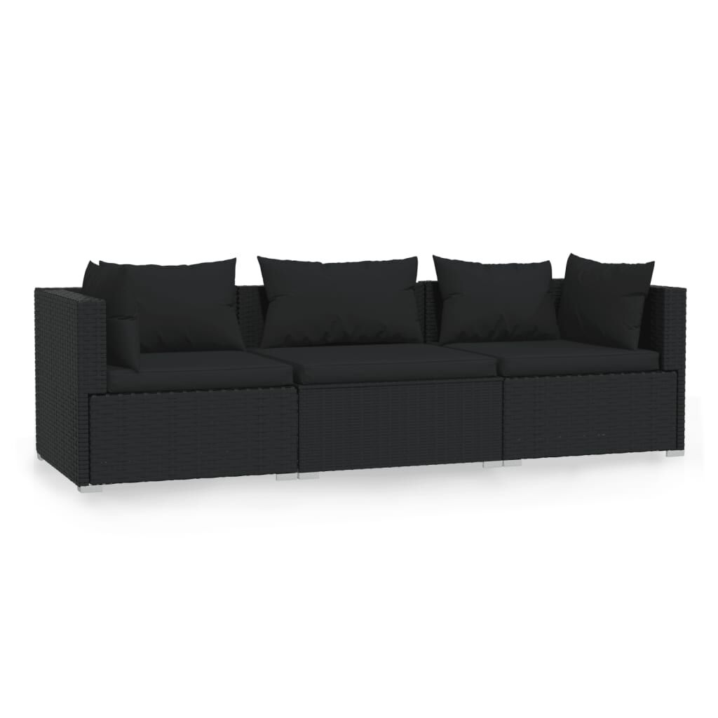 vidaXL 3-Seater Sofa with Cushions Black Poly Rattan