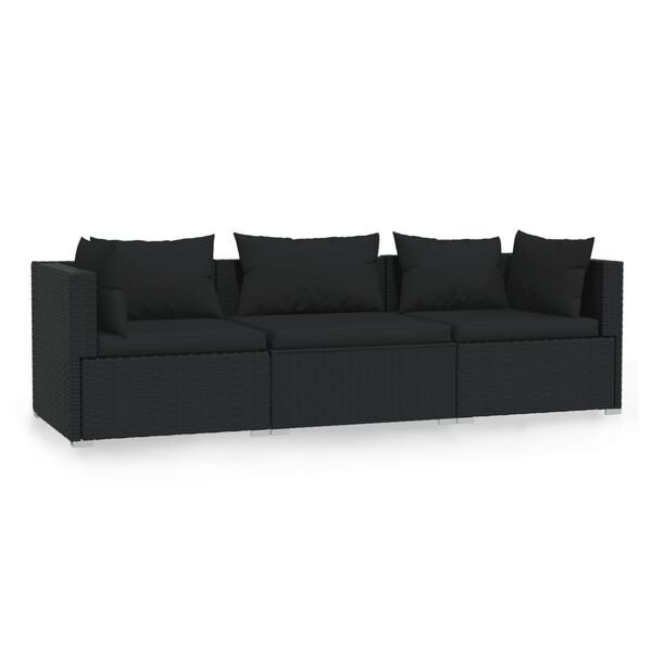 vidaXL 3-Seater Sofa with Cushions Black Poly Rattan