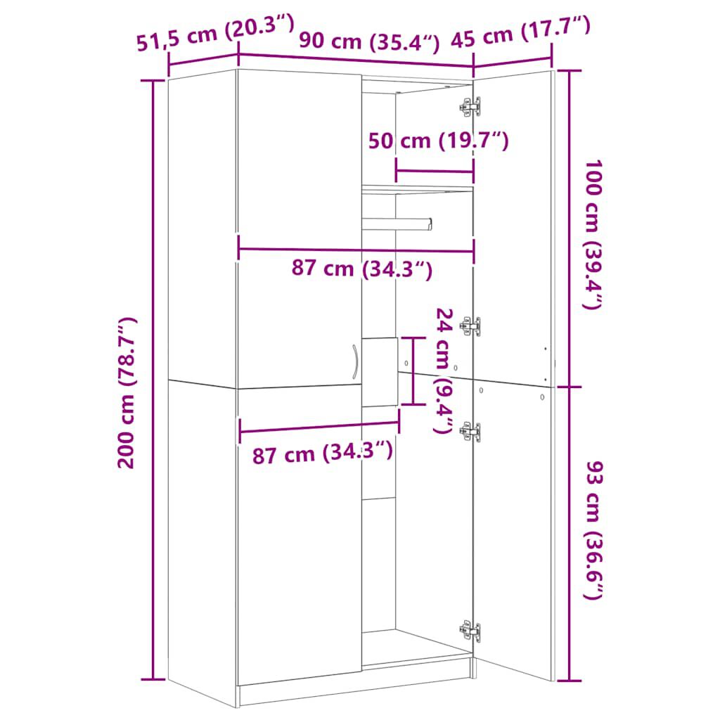 vidaXL Wardrobe Black 90x52x200 cm Engineered Wood