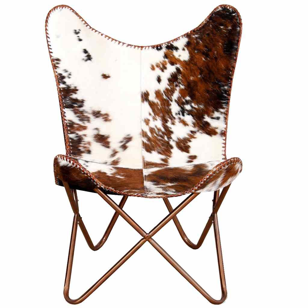 vidaXL Butterfly Chair Brown and White Real Cowhide Leather