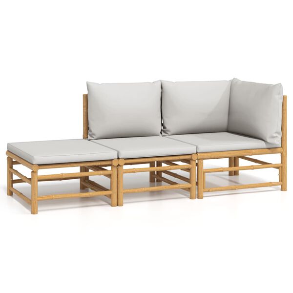 vidaXL 3 Piece Garden Lounge Set with Light Grey Cushions Bamboo