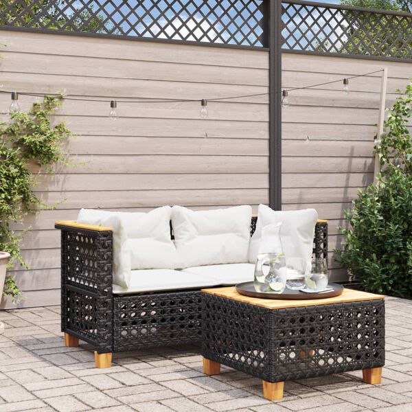 vidaXL Garden Sofas Corner with Cushions 2 pcs Black Poly Rattan