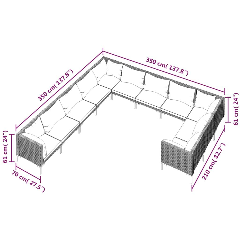 vidaXL 11 Piece Garden Lounge Set with Cushions Poly Rattan Dark Grey