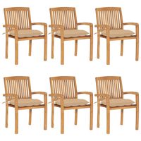 vidaXL Stacking Garden Chairs with Cushions 6 pcs Solid Teak Wood, beige vidaXL Stacking Garden Chairs with Cushions 6 pcs Solid Teak Wood