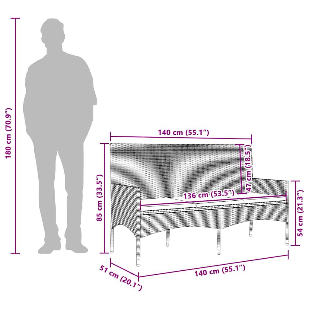 vidaXL 3-Seater Garden Bench with Cushions Grey Poly Rattan