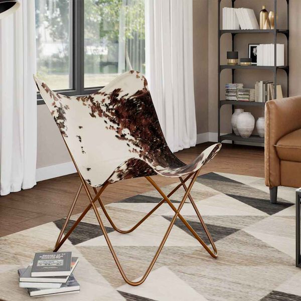 vidaXL Butterfly Chair Brown and White Real Cowhide Leather