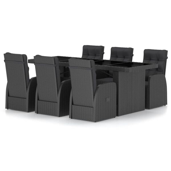 vidaXL 7 Piece Outdoor Dining Set with Cushions Poly Rattan Black