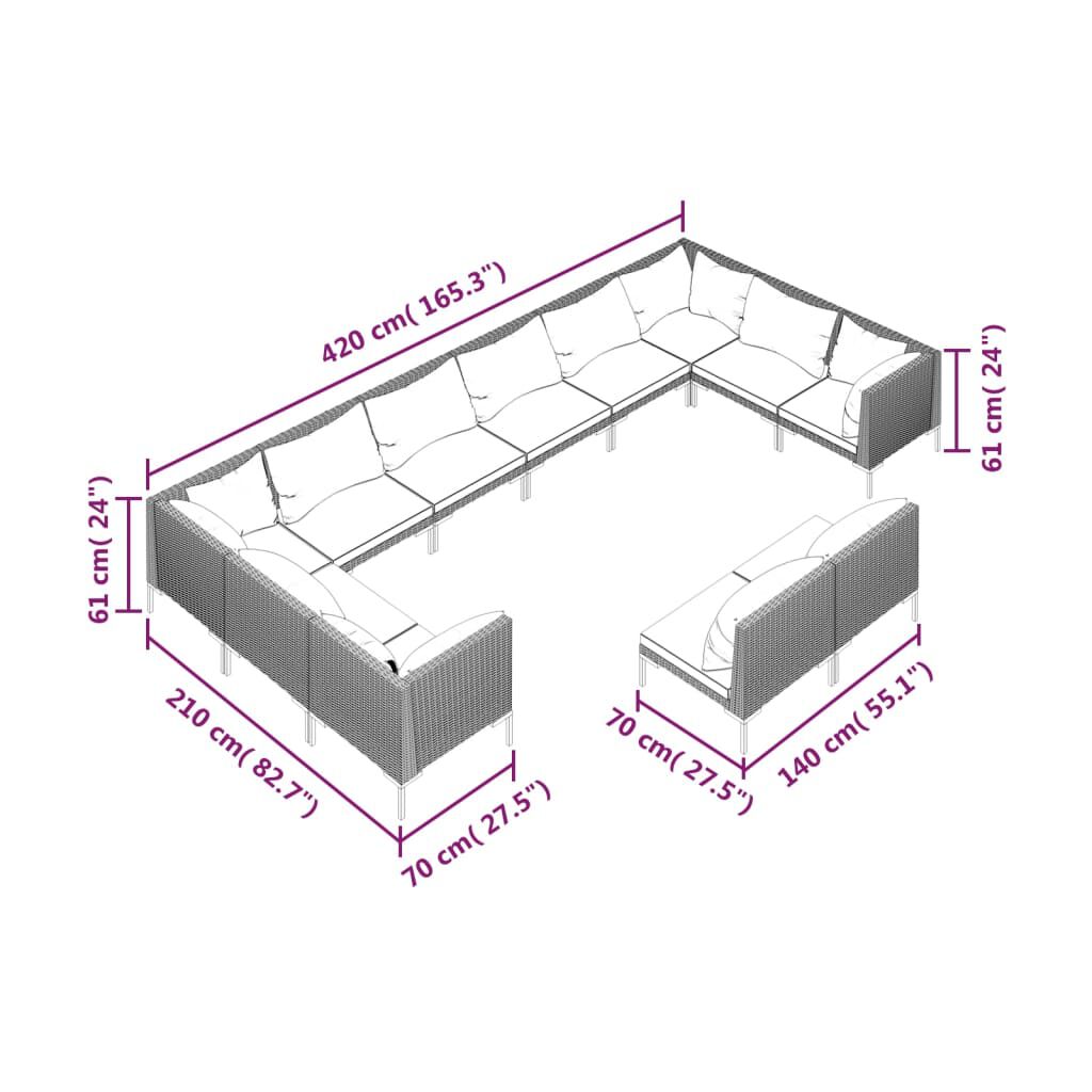 vidaXL 12 Piece Garden Lounge Set with Cushions Poly Rattan Dark Grey