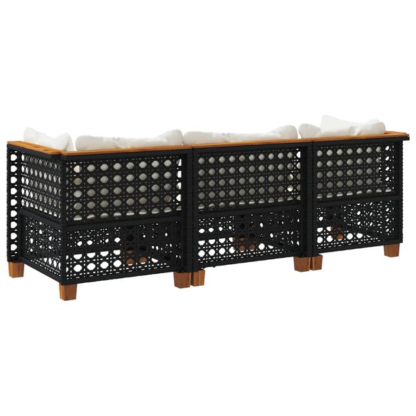 vidaXL Garden Sofa with Cushions 3-Seater Black Poly Rattan