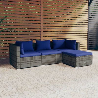 vidaXL 4 Piece Garden Lounge Set with Cushions Poly Rattan Grey, grey and dark blue vidaXL 4 Piece Garden Lounge Set with Cushions Poly Rattan Grey