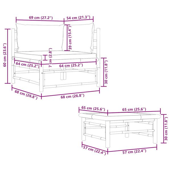 vidaXL 2 Piece Garden Lounge Set with Dark Grey Cushions Bamboo