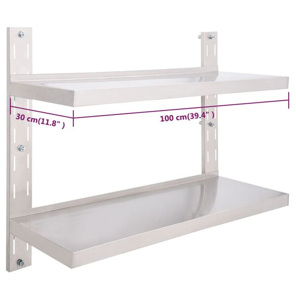 vidaXL 2-Tier Floating Wall Shelf Stainless Steel 100x30 cm